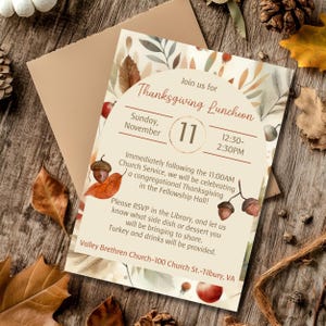 Modello di invito al pranzo del Ringraziamento in chiesa – Modello modificabile Canva – Invito al Ringraziamento della congregazione in bellissimi accenti autunnali