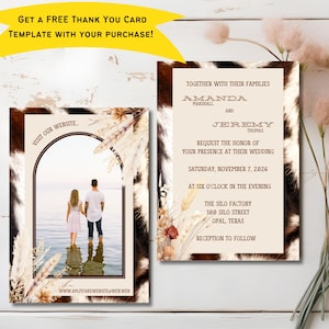 Western Wedding Invitation Template Set – Invitation w/Photo Option on Back, RSVP and Details Cards – Rustic, Western, Boho - Cowhide
