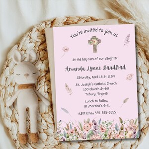 Baptism Invitation Template for Daughter - Canva - Features Light Pink Background with Watercolor Floral Accents - Editable Digital Download