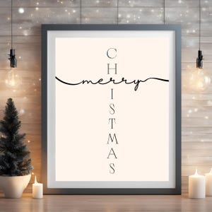 Printable Christmas Wall Art–Minimalist Black Text with Cream Background–“Merry” and “Christmas” intersect to create cross–Christian Holiday