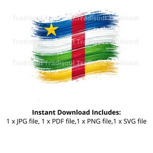 May include: A digital painting of the Central African Republic flag. The flag is painted in a brushstroke style with the colors blue, white, red, green, and yellow. The flag has a yellow star in the blue section.