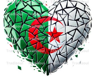 Algerijnse vlag hartvorm | Digitale kunst met verbrijzeld glaseffect | Downloaden als JPG, PNG, SVG | Modern ontwerp