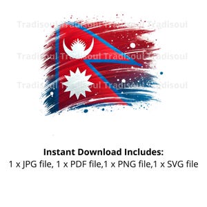 Puede incluir: Una ilustración de estilo acuarela de la bandera de Nepal. La bandera es roja, azul y blanca con un diseño estilizado de sol y luna. La bandera está sobre un fondo blanco.