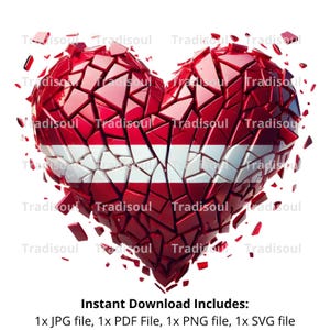 Puede incluir: Una bandera de Letonia en forma de corazón rojo, blanco y rojo está rota en muchos pedazos, con los pedazos dispersos alrededor del corazón. El corazón está en el centro de la imagen, y los pedazos están dispersos alrededor de él.