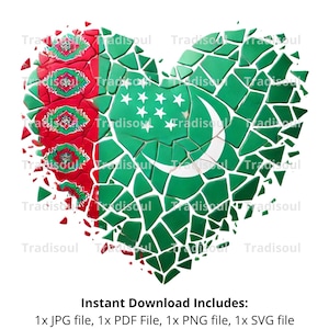 Turkmenistan Flag Heart Shape | Shattered Glass Effect Digital Art | Download as JPG, PNG, SVG | Modern Design