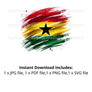 Può includere: Un'illustrazione digitale della bandiera del Ghana. La bandiera è dipinta in uno stile a pennellate con colori rosso, giallo e verde. Una stella nera a cinque punte si trova al centro della fascia gialla. La bandiera è su uno sfondo bianco.