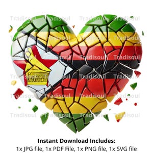 Zimbabwe Flag Heart Shape | Shattered Glass Effect Digital Art | Download as JPG, PNG, SVG | Modern Design