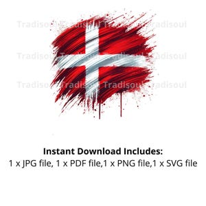 Könnte beinhalten: Eine digitale Illustration der dänischen Flagge in Rot und Weiß mit einem Pinselstrich-Effekt. Die Flagge ist leicht verblasst und hat Farbtropfen, die vom unteren Rand tropfen.