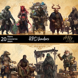Może przedstawiać: Cyfrowa grafika prezentująca 20 sprzedawców RPG. Obraz przedstawia różnorodne postacie fantasy, w tym postać podobną do jaszczurki, demona o czerwonej skórze i goblina. Widoczny jest tekst "RPG Vendors".