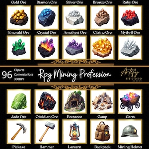 RPG Mining Profession – Pakiet ikon gier 2D – 96 obrazów PNG do gier planszowych, Duży pakiet, DND, Przezroczyste tło, Wykorzystanie komercyjne