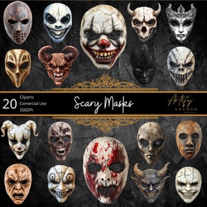 Clipartcollectie enge maskers – 20 hoogwaardige png-bestanden voor halloween- en horrorontwerpen, 300 dpi, transparante achtergrond, commercieel gebruik