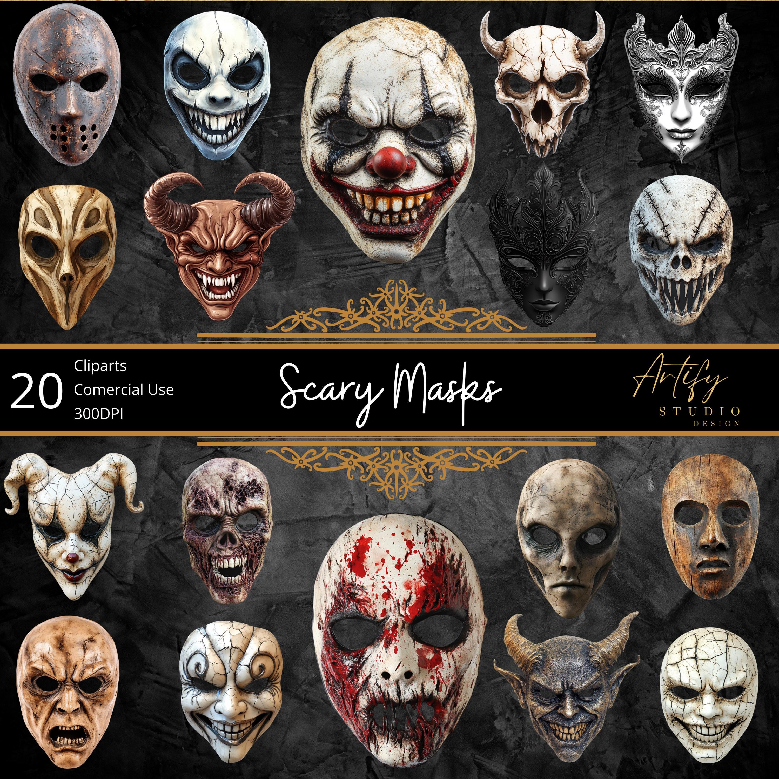Scary Masks Clipart Collection – 20 High-Quality PNGs for Halloween and Horror Designs , 300 DPI , Transparent Background , Commercial use