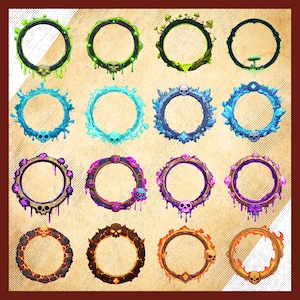 May include: A collection of 16 fantasy-themed circular frames with various designs. The frames feature elements like skulls, water, crystals, lava, and gems. Each frame has a unique color scheme, including green, blue, purple, and orange, with detailed textures and embellishments.