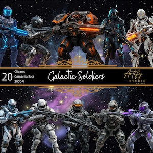 Puede incluir: Una ilustración digital de 20 soldados futuristas en varias poses, sosteniendo armas, sobre un fondo de espacio oscuro con estrellas. El texto "Galactic Soldiers" está en el centro de la imagen.