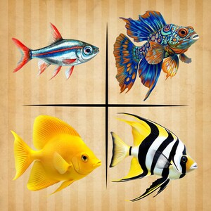 以下が含まれることがあります： 縞模様の背景に、4種類の魚のイラストが描かれています。左上の魚は、赤と青の縞模様の小さな銀色の魚です。右上の魚は、オレンジと黄色の斑点のある大きな青い魚です。左下の魚は、尾に黒い斑点のある黄色の魚です。右下の魚は、黄色い尾を持つ黒と白の縞模様の魚です。