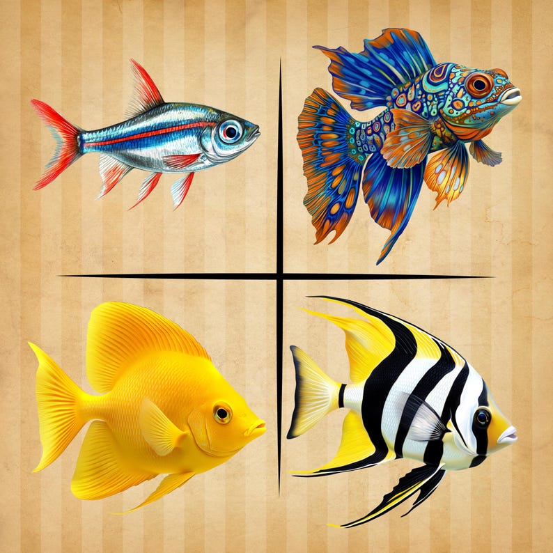 以下が含まれることがあります： 縞模様の背景に、4種類の魚のイラストが描かれています。左上の魚は、赤と青の縞模様の小さな銀色の魚です。右上の魚は、オレンジと黄色の斑点のある大きな青い魚です。左下の魚は、尾に黒い斑点のある黄色の魚です。右下の魚は、黄色い尾を持つ黒と白の縞模様の魚です。