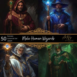 50 portraits de sorciers humains, portraits numériques de personnages fantastiques TTRPG, MDN, usage commercial