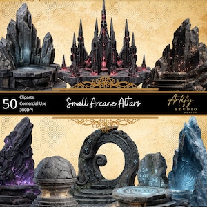 May include: A collection of 50 small arcane altars in a fantasy theme. The altars are primarily dark gray and black, with some featuring red or blue accents. The image includes text that reads "Small Arcane Altars" and "Artify Studio Design."