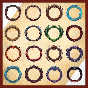 Puede incluir: Una colección de dieciséis marcos circulares con temática de fantasía. Cada marco presenta diseños únicos con varios colores, incluyendo rojo, azul, verde y marrón. Los marcos tienen detalles intrincados, como cuernos, garras y motivos de arañas.