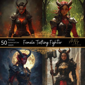 50 portraits de combattantes tieffelins – avatars fantastiques sombres et mystérieux, portraits numériques de personnages TTRPG, MDN, usage commercial,