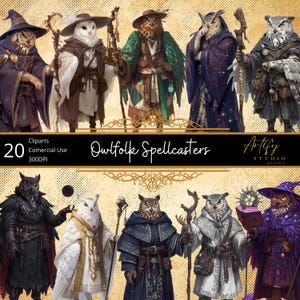 Owlfolk Spellcasters – 20 Magos Sábios e Místicos, Cliparts de RPG, Fundo Transparente, Uso Comercial