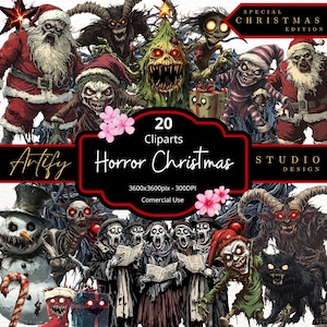 Imágenes prediseñadas navideñas de terror, uso comercial, personajes navideños aterradores, PNG, sublimación espeluznante, fondo transparente, descarga instantánea
