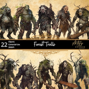 Può includere: Illustrazione digitale con una collezione di troll della foresta. Le creature sono raffigurate in varie pose, con trame e colori dettagliati. Alcuni troll hanno corna, mentre altri portano armi. Il testo "Forest Trolls" e "Artify Studio Design" è incluso.