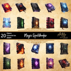 May include: A collection of 20 digital clip art images of fantasy spellbooks. The books have ornate covers with glowing magical effects in various colors, including red, blue, purple, and green. The text "Magic Spellbooks" is displayed in the center.