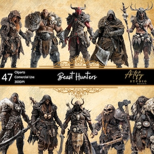 Tierjäger - mutige und unerbittliche Krieger auf der Jagd nach legendären Kreaturen , Fantasy Cliparts, transparenter Hintergrund, kommerzielle Nutzung