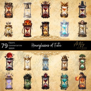 May include: A digital collection of 79 fantasy hourglass illustrations titled Hourglasses of Fate, featuring diverse designs with varied colored sands, ornate frames, and thematic elements like fire, ice, crowns, and organic textures on a beige background.