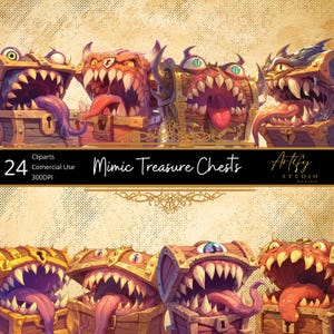 Mimic Treasure Truhen - Monster-Beuteboxen im Cartoon-Stil, Fantasy Cliparts, transparenter Hintergrund, kommerzielle Nutzung