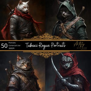50 portraits de tabaxi Rogue, portraits numériques de personnages fantastiques TTRPG, MDN, Pathfinder, usage commercial