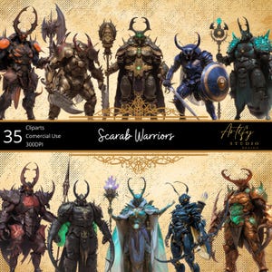 Puede incluir: Arte digital que presenta múltiples imágenes prediseñadas de Scarab Warriors. Los guerreros se representan en varias poses, vestidos con armaduras detalladas con rasgos de insectos. La paleta de colores incluye tonos dorados, negros, azules y naranjas. El texto "Scarab Warriors" y "35 Cliparts Commercial Use 300DPI" está incluido.