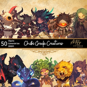 Criaturas griegas chibi: 50 bestias míticas y héroes legendarios en adorables formas, fondo transparente, uso comercial
