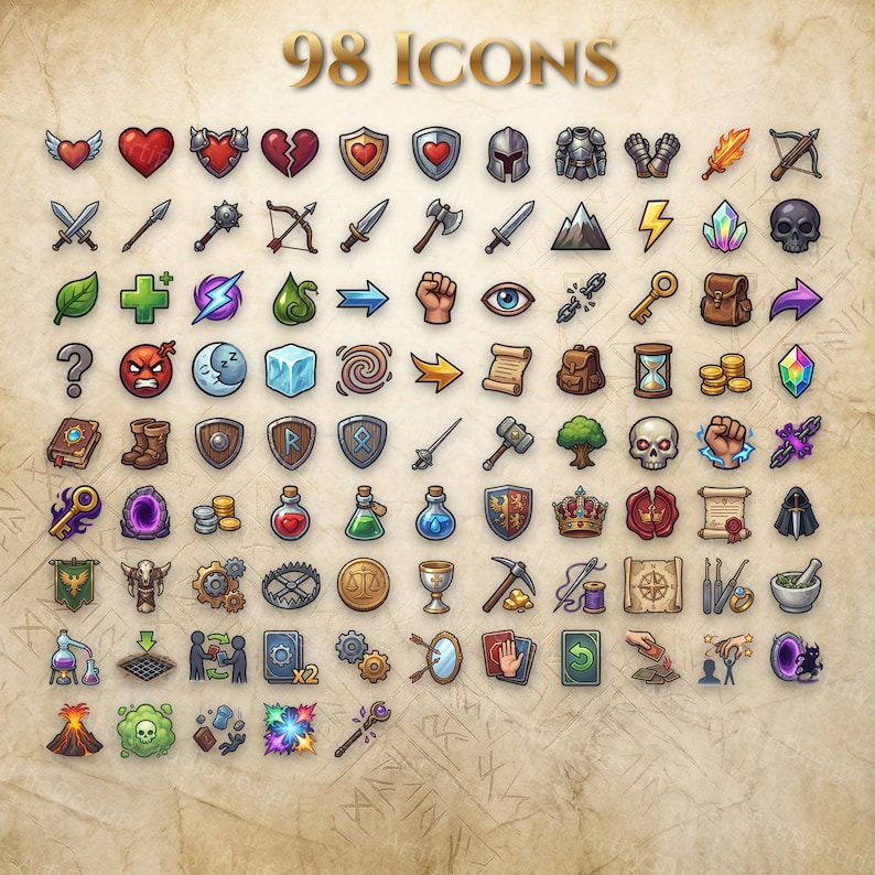 May include: A collection of 98 colorful fantasy-themed game icons arranged in a grid on a parchment-style background. The set includes various illustrations such as weapons, shields, potions, magical items, skulls, coins, and scrolls for gaming.