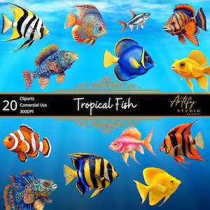 May include: A collection of 20 tropical fish clip art images. The fish are colorful and detailed, with a variety of shapes and sizes. The images are perfect for use in digital scrapbooking, card making, and other craft projects.