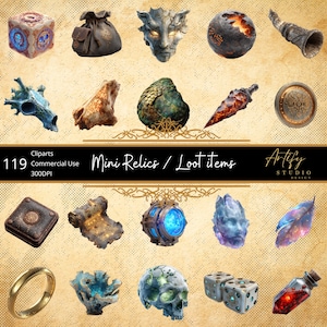 May include: A collection of digital fantasy illustrations featuring various items including a glowing cube, a leather pouch, a stone mask, a cracked orb, a horn, a skull, a glowing crystal, a dragon egg, a dagger, a coin, a book, a scroll, a blue orb, a crystal head, a feather, a gold ring, a blue plant, a skull, dice, and a potion bottle.