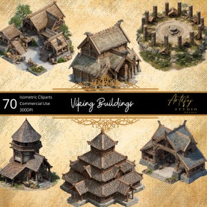 Edificios vikingos: 70 imágenes isométricas, descarga digital, uso comercial