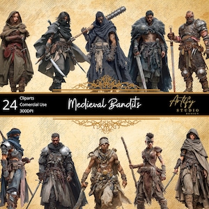 Bandidos Medievais – 24 Cliparts de Personagens Fora da Lei para Mundos de Fantasia e RPG, Fundo Transparente, Uso Comercial