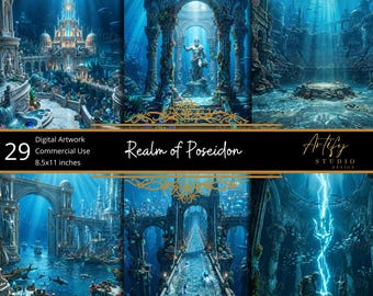 Oeuvre d'art numérique JPG du royaume de Poséidon, art de la ville sous-marine, document à distribuer sur la mythologie grecque, paysages imprimables du MDN, aide visuelle RPG, affiche de l'océan