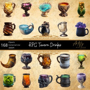 May include: A collection of 16 fantasy-themed drink cliparts, including mugs, goblets, and horns, with various designs and colors. The text "RPG Tavern Drinks" is displayed. The image also includes the text "168 Commerical Use 300DPI".