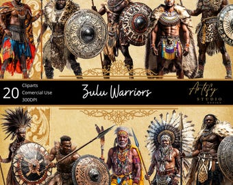Zulu Warriors Clipart – 20 Stunning Illustrations of Traditional Zulu Warriors – Transparent Background PNGs for Creative Projects