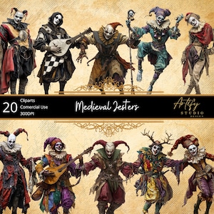 Palhaços Medievais – Mestres Sombrios de Truques de Malabarismo e Entretenimento Misterioso, Cliparts de Fantasia, Fundo Transparente, Uso Comercial