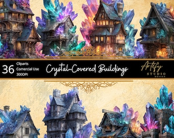 Crystal-Covered Buildings – 36 Shimmering Fantasy Structures Cliparts for RPG & TTRPG , Digital Download , Commercial Use