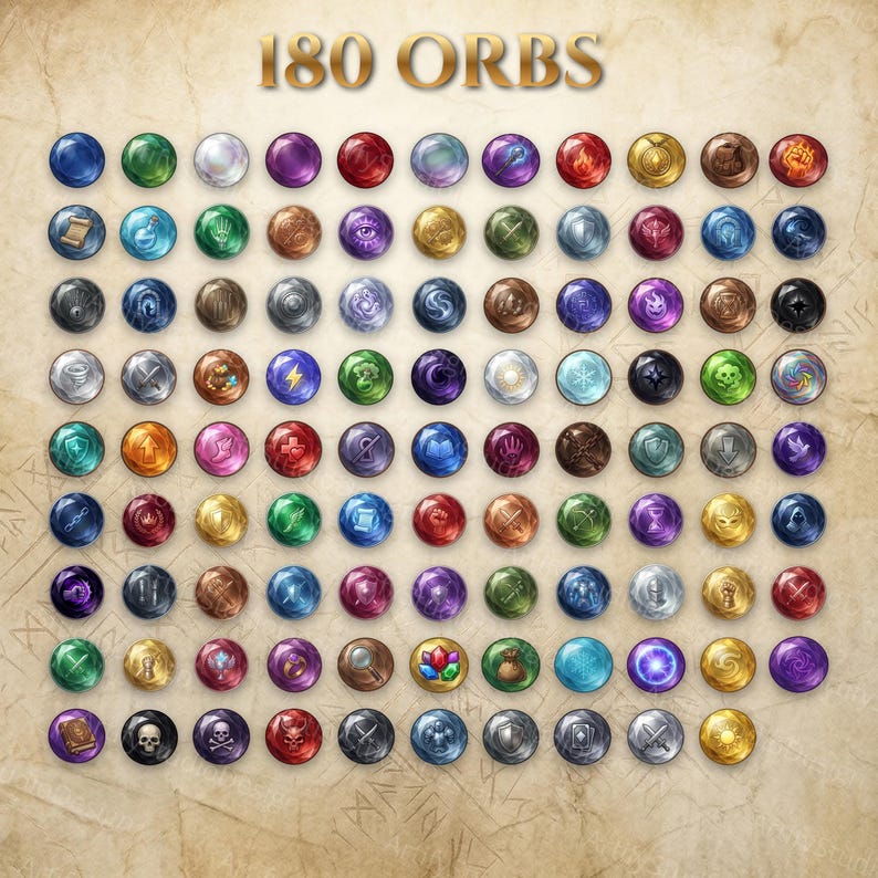 May include: A collection of 180 circular orbs arranged in a grid on a parchment-style background. Each orb features a unique icon or symbol, including weapons, magical elements, skulls, and abstract shapes in various colors and finishes.
