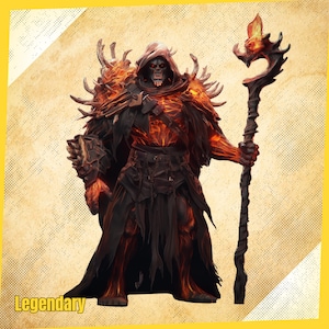 May include: A digital illustration of a skeletal figure in dark robes, with fiery orange and red accents. The figure holds a staff topped with flames and the word "Legendary" is at the bottom.