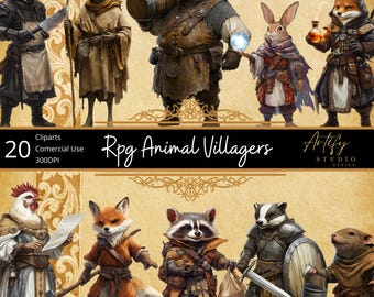 May include: 20 Clipart images of animal villagers for role-playing games. The images feature a variety of animals, including a wolf, deer, bear, rabbit, fox, rooster, raccoon, badger, and a rat. The images are in a cartoon style and are perfect for use in tabletop games or online role-playing games.