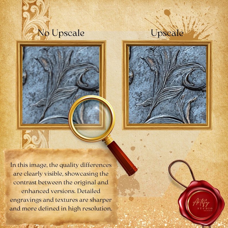May include: Image comparing two framed artworks, labeled "No Upscale" and "Upscale." The artworks feature a blue and silver floral design. A magnifying glass and a red wax seal with the text "Artify Studio" are also present. Text highlights quality differences.