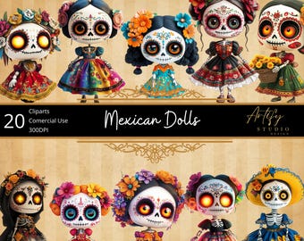Mexican Dolls Clipart | Traditional Sugar Dolls for Dia de los Muertos | 20 PNGs