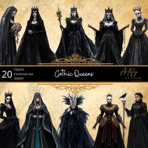 May include: 20 digital clip art images of gothic queens in black gowns and crowns. The images are 300 DPI and for commercial use.